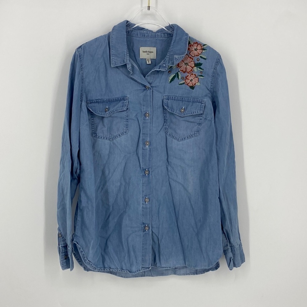 Haute Hippie Long Sleeve Denim Button Down Floral Shirt